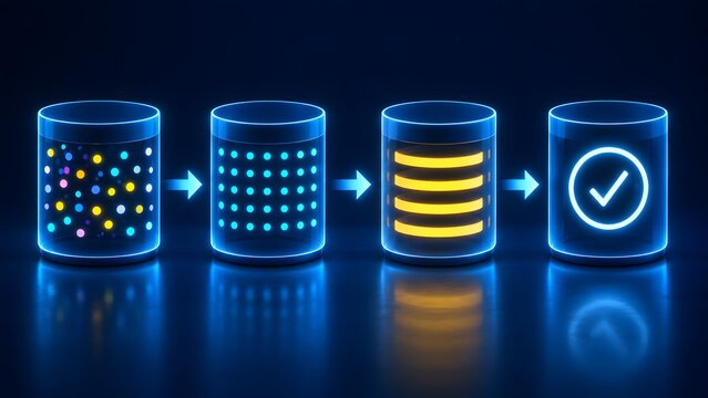 3D glowing neon database icons showing data processing workflow from raw particle sorting to structured storage and successful completion.