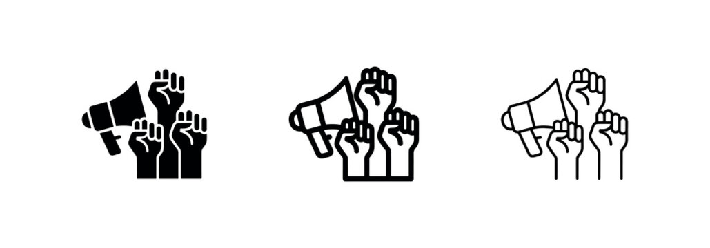 Megaphone and raised fist icons: solid, outlined, and thin outline for protest or announcement