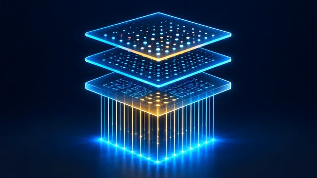 3D isometric layered technology stack with glowing neon circuit boards and data nodes representing digital architecture and computing infrastructure.