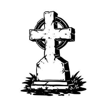 Ancient Celtic Cross Stone Monument Hand Drawn Historic Cemetery Relic Illustration for Autumn Design