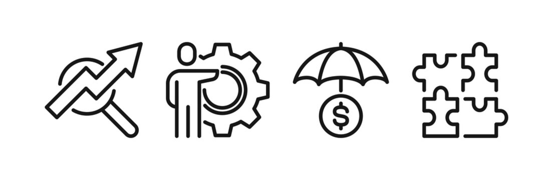 Business growth analysis and insurance icon set, performance tracking, risk protection and solution finding symbols, corporate management pictograms for financial consulting illustration.
