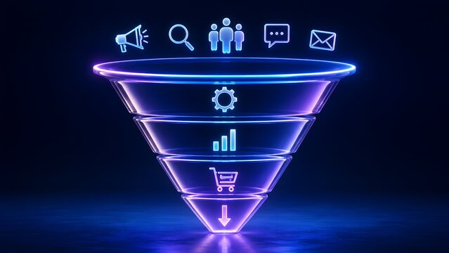 Glowing 3D digital marketing sales funnel with business icons representing lead generation and conversion strategy.