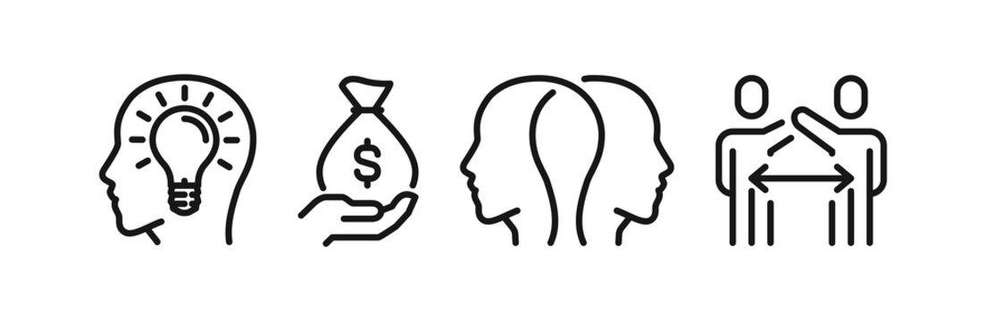 Business idea and financial support icon set, mindset development, income assistance and negotiation agreement symbols, human connection pictograms for coaching consulting illustration.
