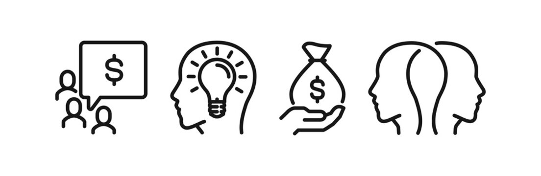 Team communication and business idea icon set, financial discussion, mindset development and income assistance symbols, human connection pictograms for coaching consulting illustration.
