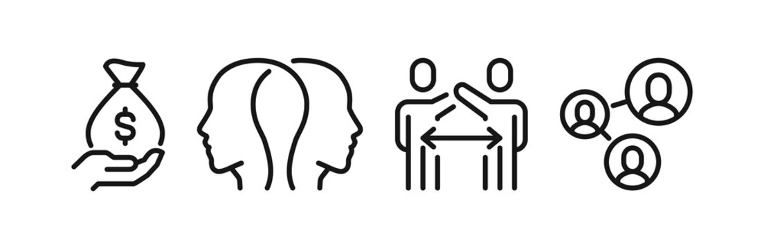 Financial support and business negotiation icon set, income assistance, handshake agreement and candidate search symbols, human connection pictograms for HR consulting illustration.
