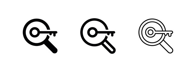 Magnifying glass with key icon set. Key search and solution finding symbol in solid, outlined bold, and outlined thin styles. © liubomir118809
