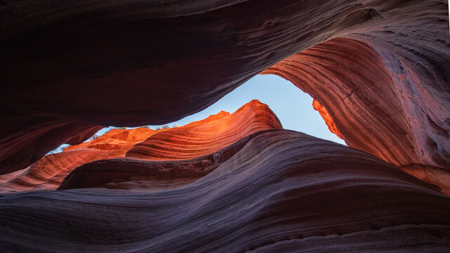 View of the smooth, undulating sandstone walls of a slot canyon in Grand Staircase-Escalante National Monument, Kanab, Utah, United States.