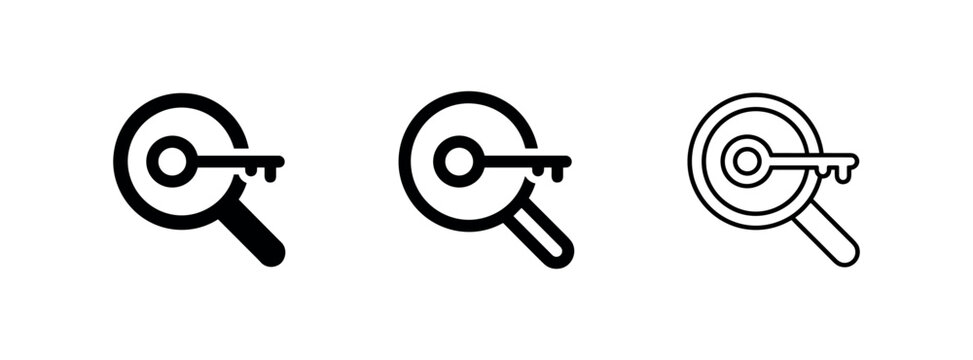 Magnifying glass with key icon set. Key search and solution finding symbol in solid, outlined bold, and outlined thin styles.
