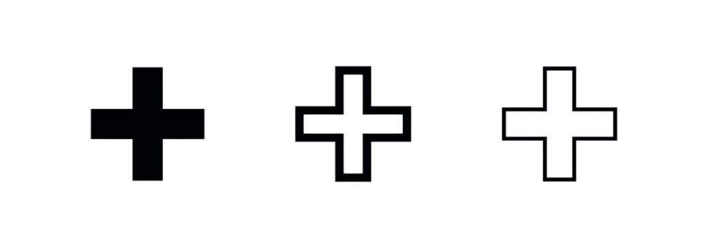 Plus sign icon set. Add, create, or positive symbol in solid, outlined bold, and outlined thin styles.