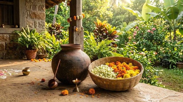 A serene and colorful holiday scene with traditional pottery and lush foliage
