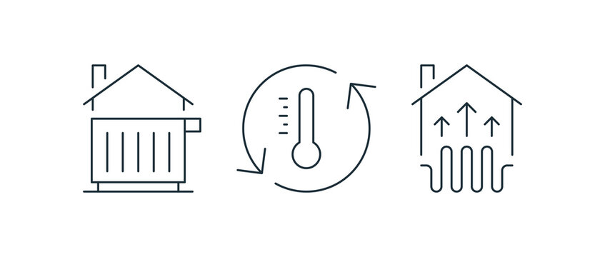 House heating icon set featuring a radiator panel home, automatic temperature regulation with rotating arrow and underfloor heating waves illustration.
