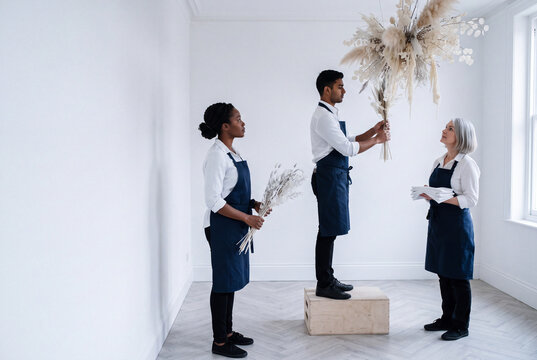 Venue staff hanging a dried floral installation before a private event