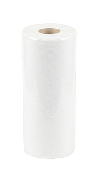 Single roll of white toilet paper wrapped in clear plastic isolated on white