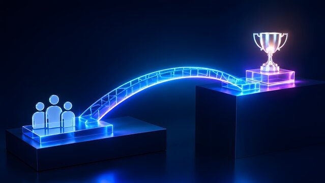 Glowing 3D bridge connecting a business team to a winner trophy, representing teamwork, career success, and achieving corporate goals.