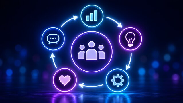 Glowing 3D circular workflow with business team and marketing icons representing continuous improvement, customer lifecycle, and agile strategy.