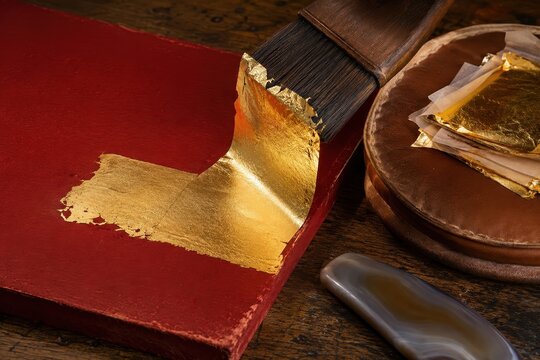 Gold leaf being laid onto a gesso panel with a tip brush