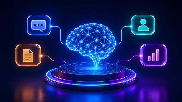 Glowing 3D polygonal artificial intelligence brain connected to digital icons representing machine learning, data analytics, and automated processing.