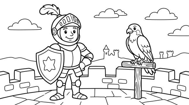 A black and white line art coloring page featuring a brave medieval knight standing on a castle wall with a trained falcon bird