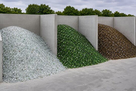 Crushed glass cullet sorted into three colour heaps in concrete bays