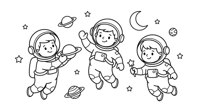 Cute cartoon astronauts floating in space with planets stars and moon in a hand drawn doodle style coloring page for young children