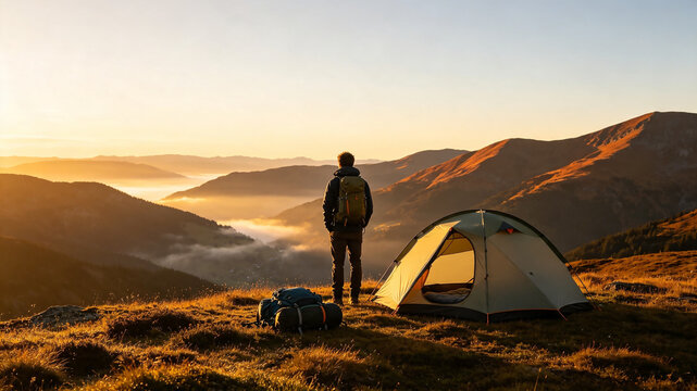 A lone hiker stands by his tent on a mountain ridge, watching the sunrise over a misty valley.