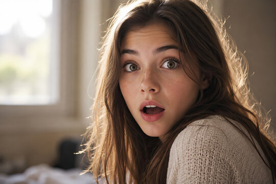 A young woman with long, wavy brown hair and freckles reacts with surprise, her eyes wide open in astonishment.