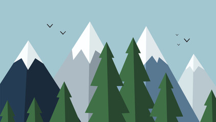 Flat mountain landscape with snow capped peaks, evergreen pine forest, distant birds, and a soft blue sky, ideal for nature backgrounds, travel graphics, outdoor themes, and seasonal designs. © VectorBloomX