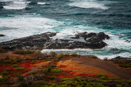 View of Mirador Punta Del Hidalgo featuring volcanic rock formations, crashing ocean waves, and vibrant red and green coastal vegetation in La Laguna, Canarias, Spain.