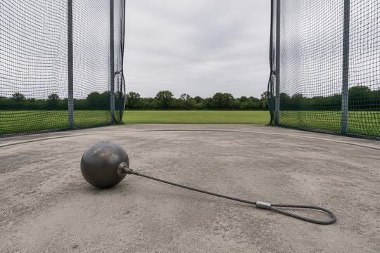 Weighted throwing hammer resting inside a wire cage circle