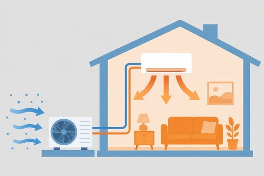 Flat vector cutaway of a heat pump warming a house