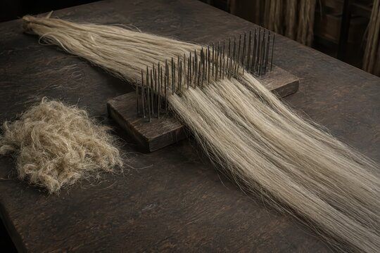 Hemp fibres being drawn through a heckling comb board