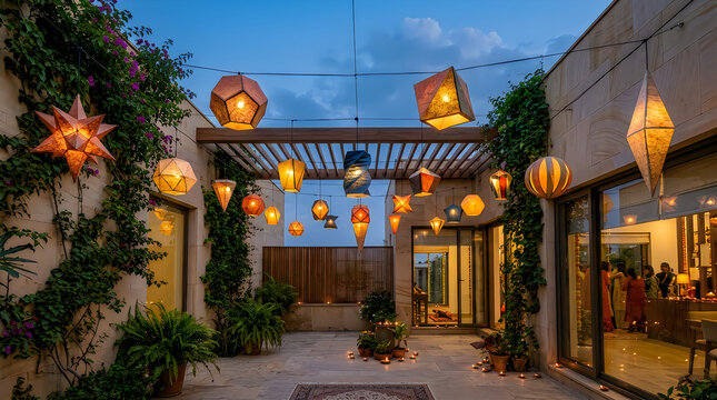 Festive holiday decorations illuminate a beautiful outdoor pathway at dusk