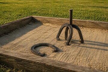 Fototapeta premium Iron horseshoe pitching stakes set in sand pits