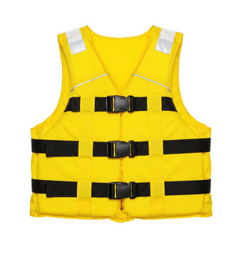 Bright yellow life vest with black straps and buckles for water safety