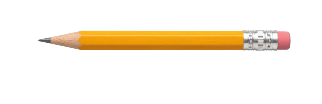 Classic yellow hexagonal pencil with pink eraser and metal ferrule isolated