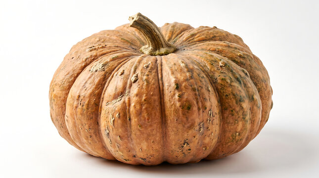 A single ripe pumpkin with a textured rind and stem against a white background