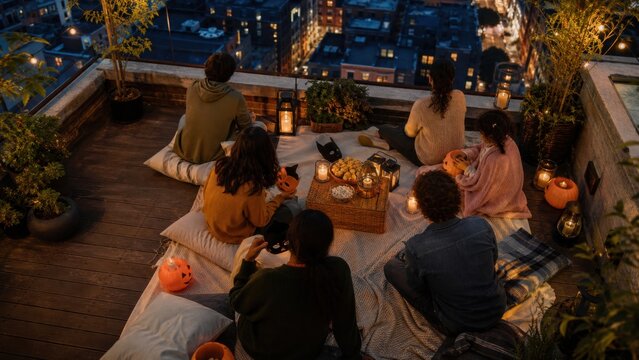 A rooftop gathering with warm blankets, lanterns and understated Halloween masks against a city skyline, tactile contextual close detail