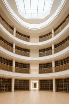 Tiered balconies rising around a bright library atrium
