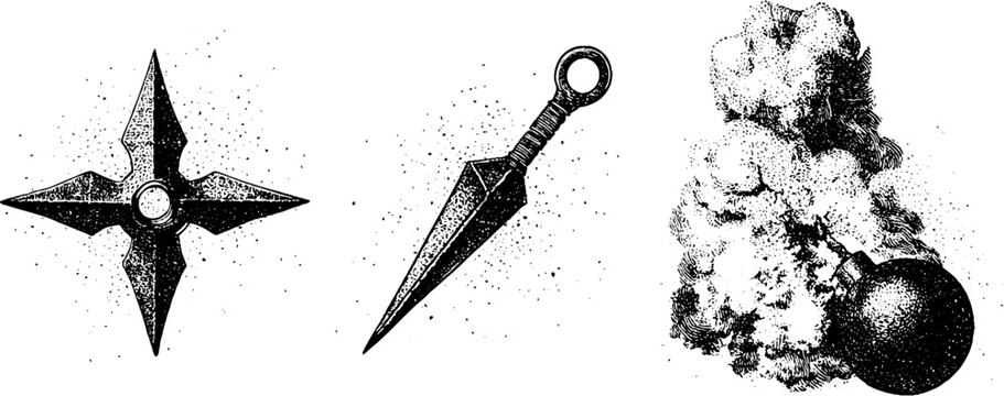 Set of three vintage black and white ninja weapons graphics with shuriken kunai and smoke bomb isolated for tattoo flash stencil and design elements