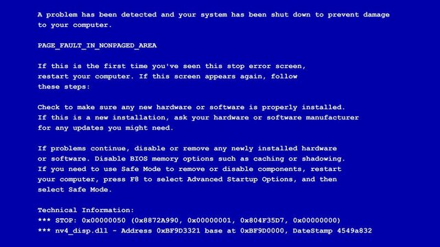 Blue screen of death with white technical error logs and digital glitch distortion for system crash mockup.