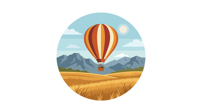 Hot air balloon flying over rural landscape, travel adventure in flat vector illustration.