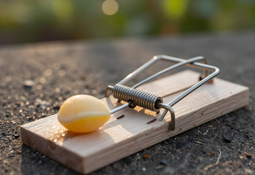 Risk and temptation concept mousetrap with bait on concrete surface danger financial pitfalls and hazardous choices in business