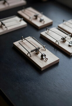 Debt trap and financial risk, multiple wooden mousetraps with metal rings on a dark surface economic danger and predatory lending practices