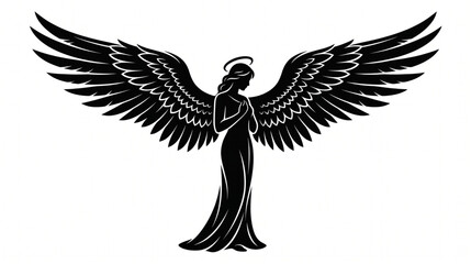 Fototapeta premium Black silhouette of a praying female angel with spread wings and halo vector illustration