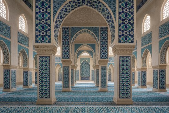 Geometric tilework and arches inside a quiet prayer hall