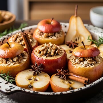 Baked Stuffed Apple with Walnut Oat Topping and Warm Spices on Rustic Serving Dish