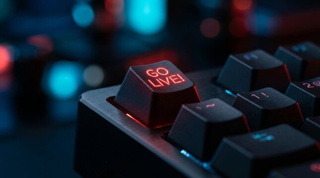 Close up view of a computer keyboard featuring a glowing go live key for digital broadcasting.