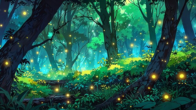Fantasy forest with a green to gold gradient, glowing anime sparkles and fireflies