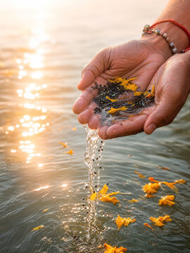 Hands pouring water and seeds into river during pitru paksha
