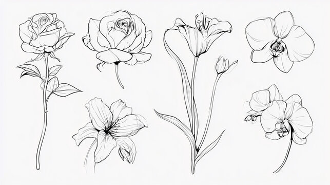 Collection of black white contour drawing of rose, lily, orchid flowers